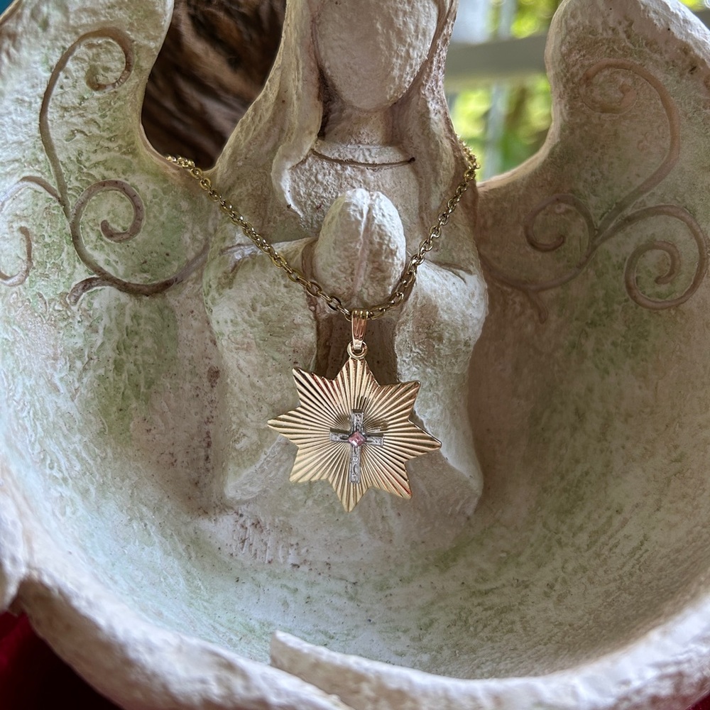🍓GOLD PLATED VINTAGE JUNE BIRTHSTONE NECKLACE PINK MOONSTONE CROSS NECKLACE